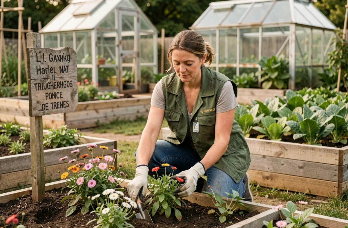 Professionnelle de l'ACSM plantant des vivaces fleuries dans un jardin communautaire avec carrés potagers et serre en arrière-plan