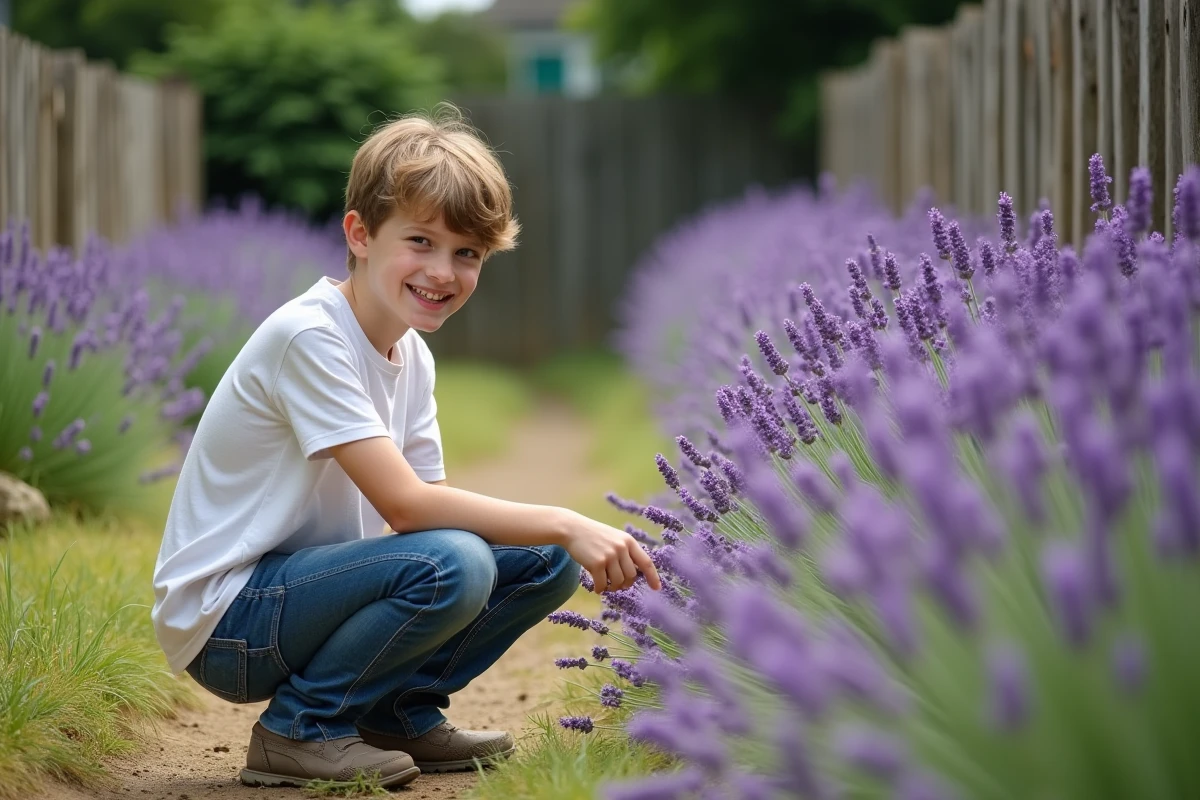 Adolescent inspectant la lavande dans un jardin familial