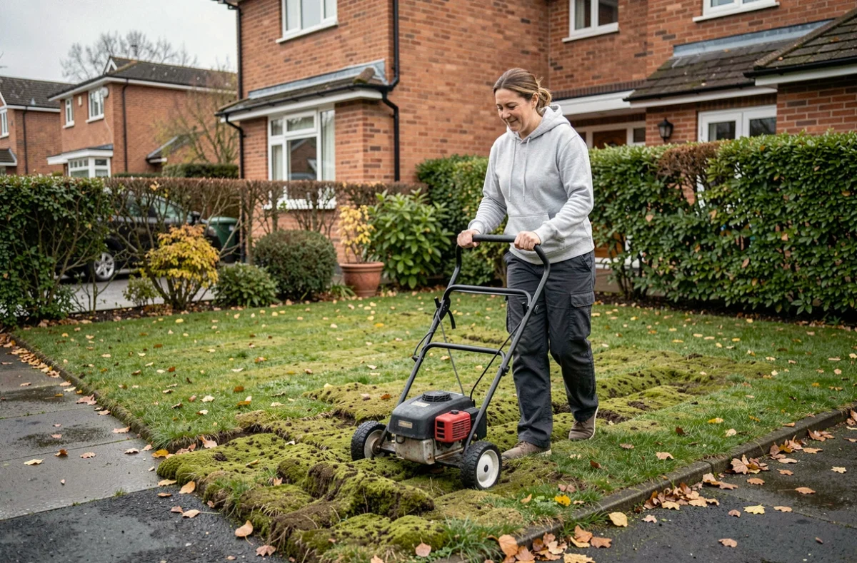 Femme aérant une pelouse en automne pour prévenir la réapparition de la mousse dans un jardin résidentiel