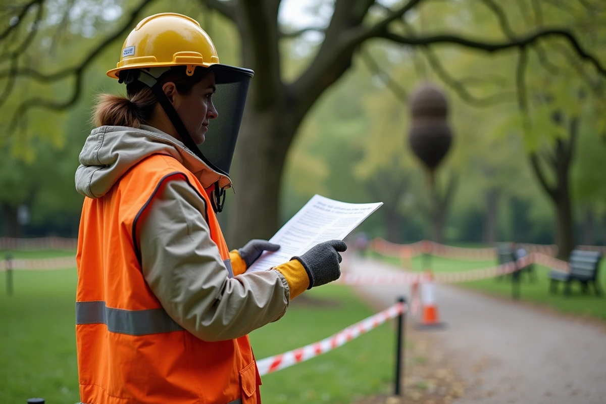 Agente municipale équipée consultant une fiche officielle avant une intervention de destruction de nid de frelons asiatiques dans un parc public