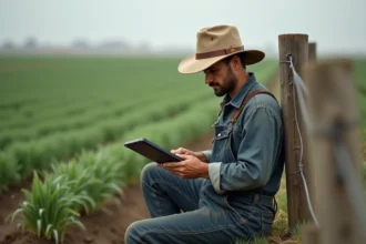 Agriculteur consultant un site e-commerce agricole sur une tablette dans un champ de cultures