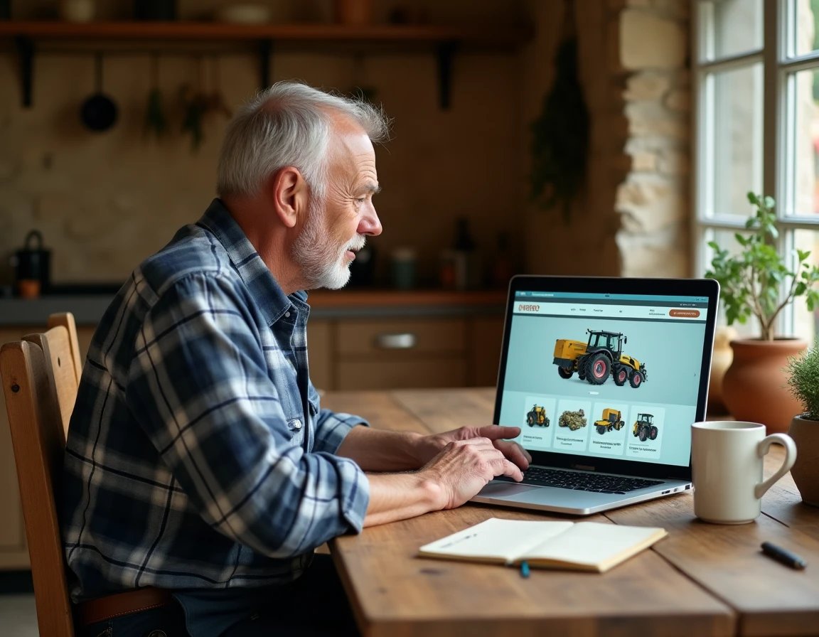 Agriculteur passant une commande sur une boutique agricole en ligne depuis sa cuisine de ferme