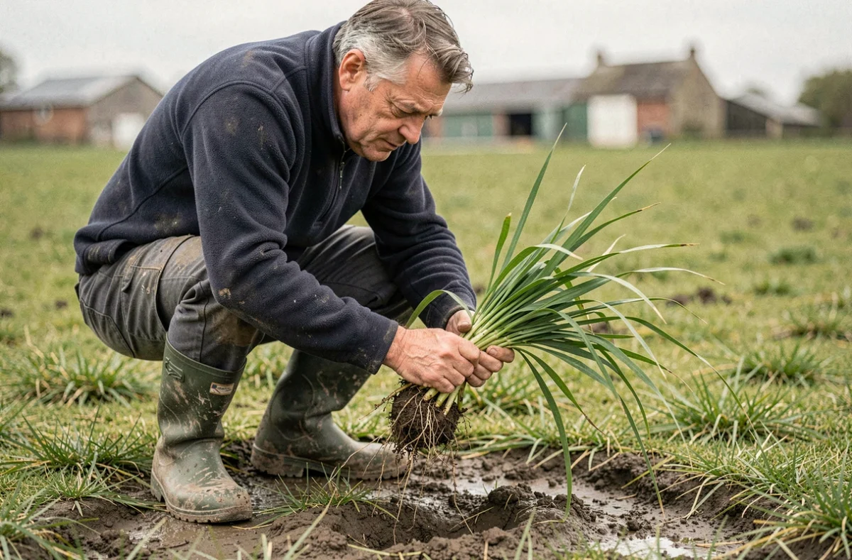 Agriculteur inspectant la qualité du ray-grass anglais dans une prairie pâturée en élevage bovin intensif