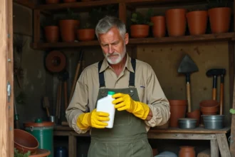 Agriculteur lisant attentivement l'étiquette d'un désherbant Radikal dans une remise de jardin rustique