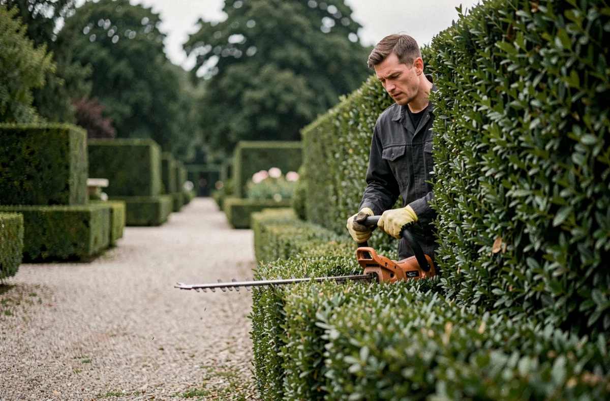 Ouvrier paysagiste d'Anabiga SAS taillant une haute haie de buis avec un taille-haie professionnel dans une allée de jardin formel
