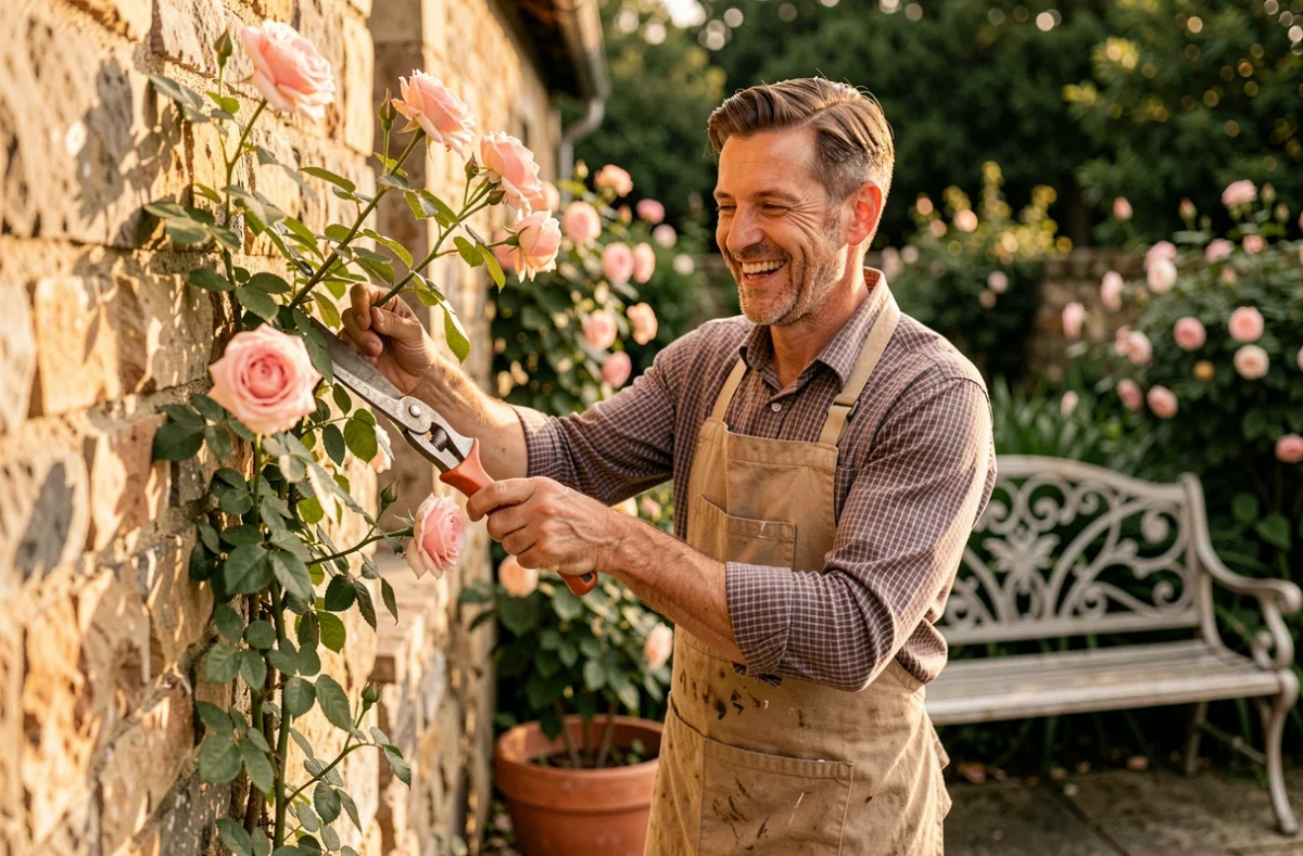 Jardinier d'Antoine et Ses Jardins taillant une rose grimpante contre un vieux mur en pierre dans un jardin privé avec poterie et mobilier de jardin