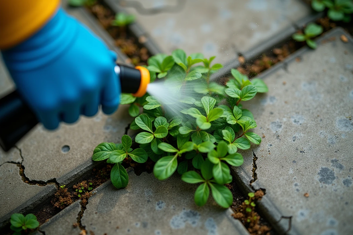 Gros plan d'une application précise de désherbant Radikal sur des mauvaises herbes dans une cour en béton