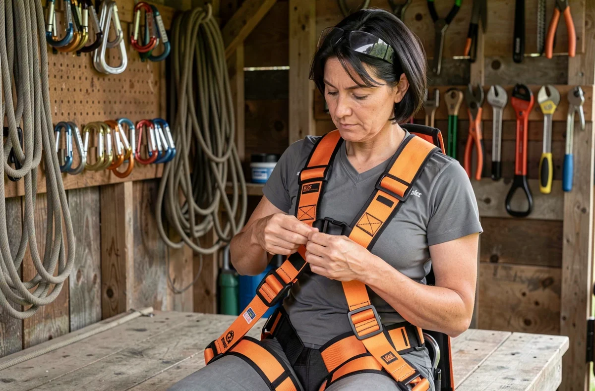 Arboriste féminine inspectant les points d'attache de son baudrier d'élagage dans un atelier d'équipement forestier
