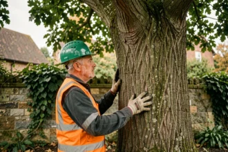 Arboriste inspectant un vieux chêne de plus de 30 ans dans un jardin suburban avant une décision d'abattage