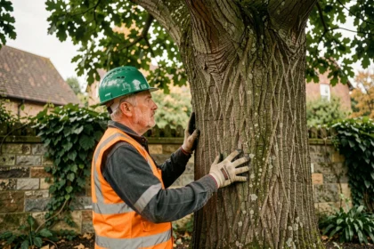 Arboriste inspectant un vieux chêne de plus de 30 ans dans un jardin suburban avant une décision d'abattage