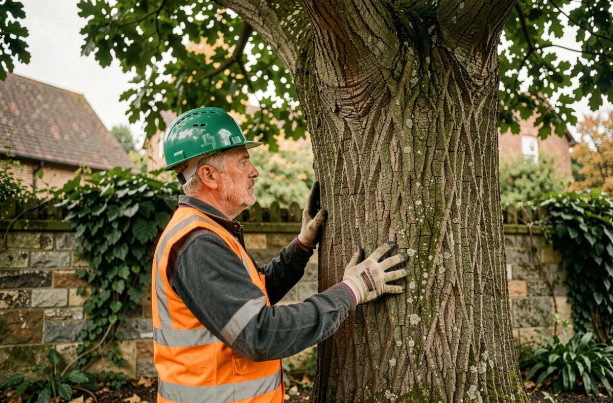 Arboriste inspectant un vieux chêne de plus de 30 ans dans un jardin suburban avant une décision d'abattage