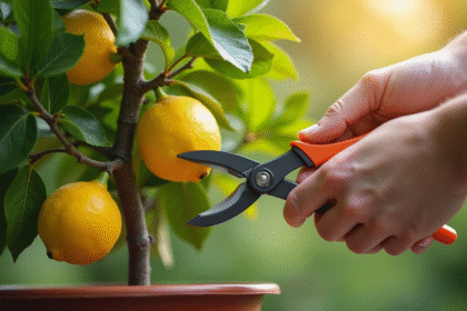 Arbre citronnier en pot taillé par des mains douces en extérieur