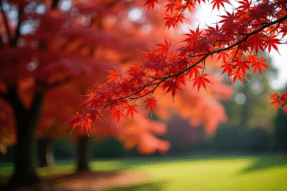 Arbre japonais feuillage rouge en jardin ensoleille