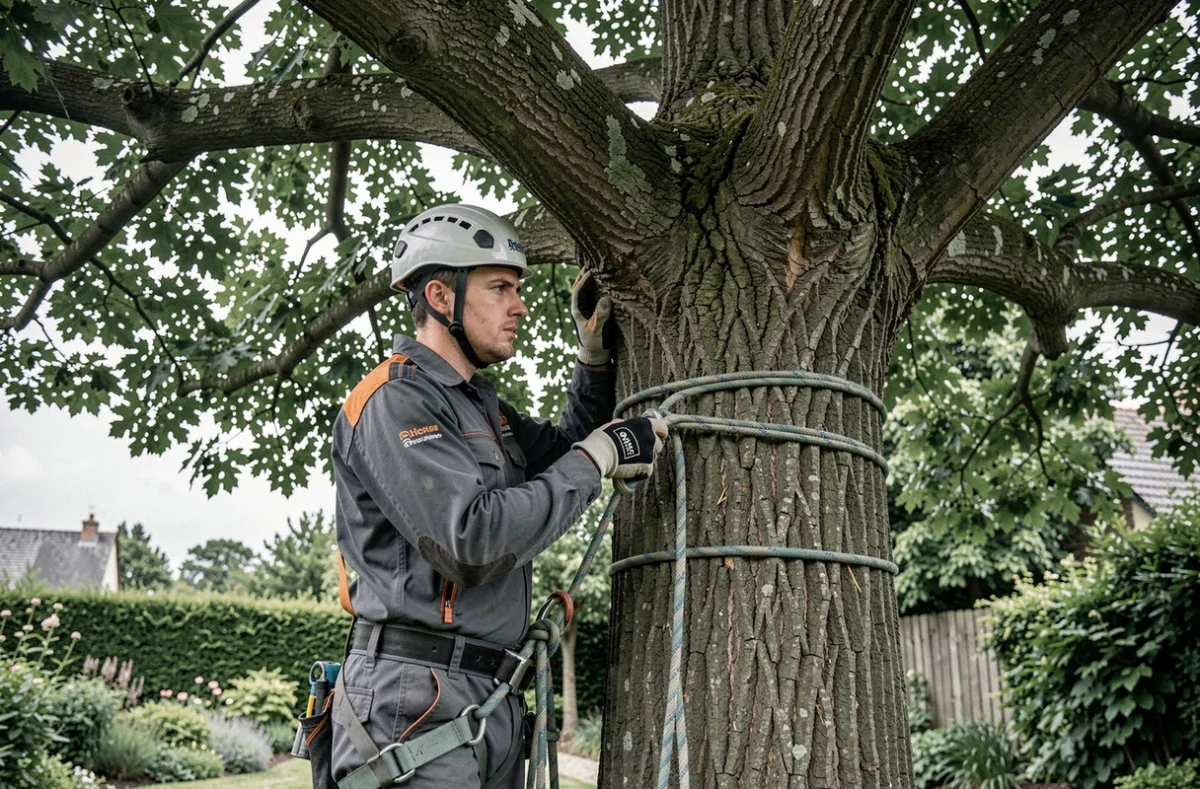 Arboriste d'Arbres Jardins Services Haye Nicolas sécurisant un grand frêne avant élagage dans l'Aisne