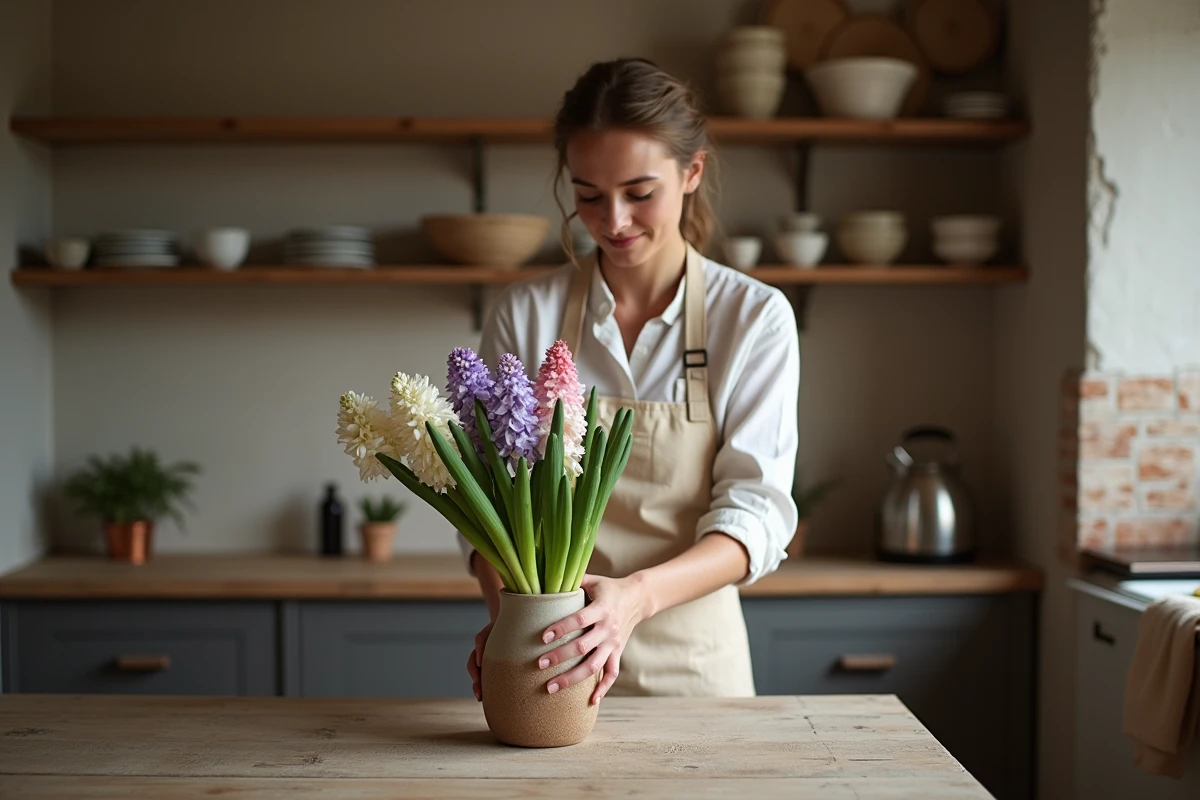 Femme arrangeant des tiges de jacinthes coupées dans un vase en céramique sur une table en bois rustique