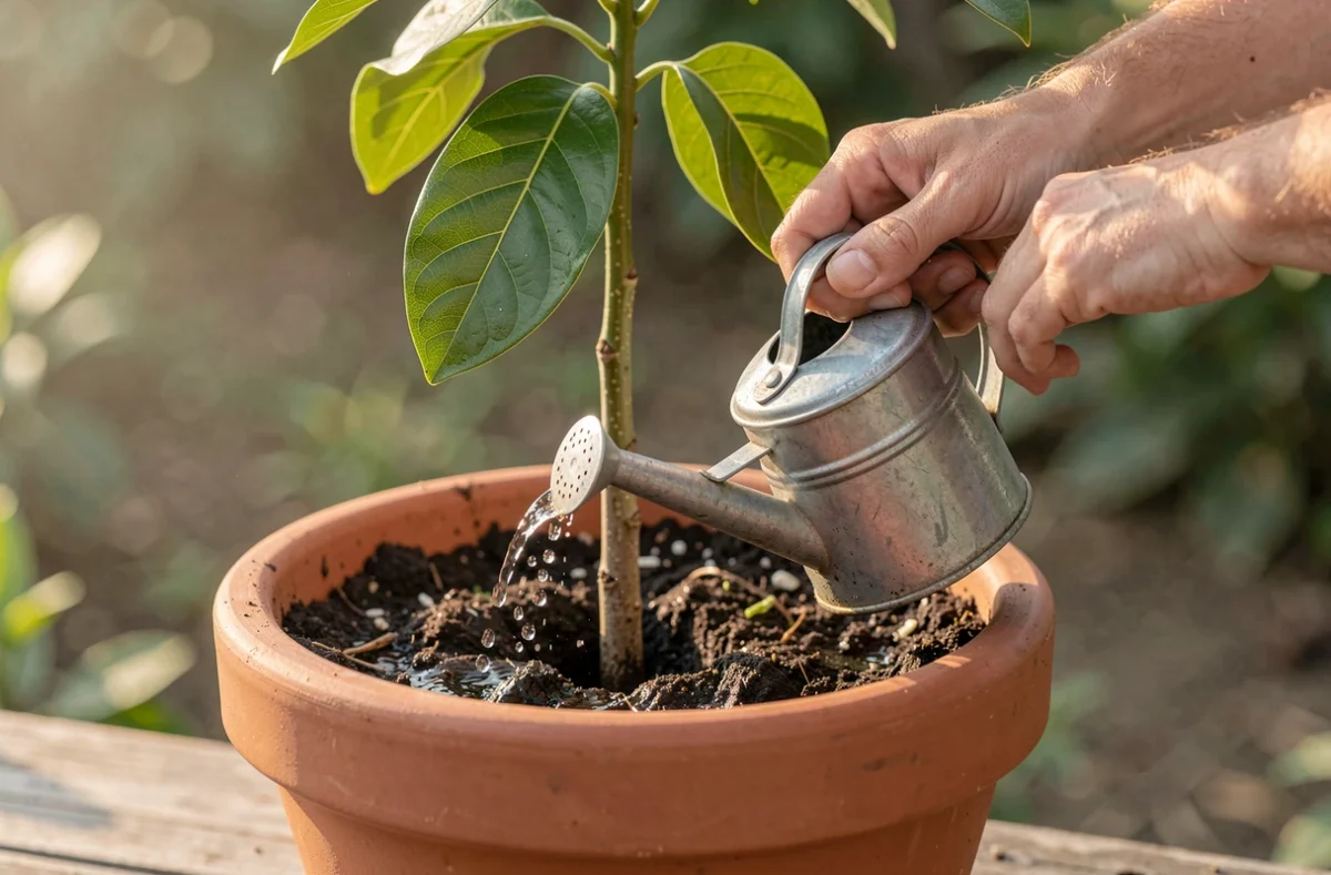 Arrosage d'une plante d'avocat dans un pot en terre cuite