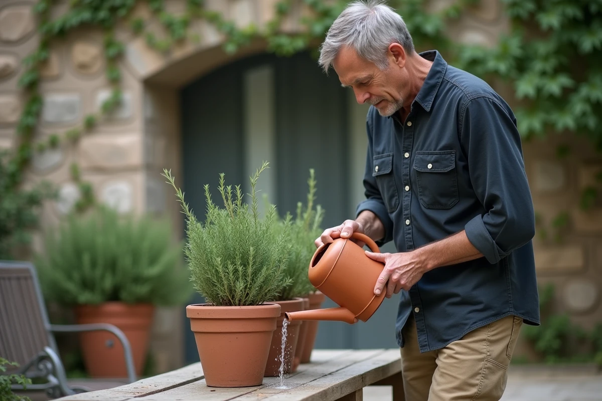 Homme arrosant avec précision un plant de romarin en pot sur une terrasse en pierre, technique d'arrosage à la base pour éviter le stress hydrique