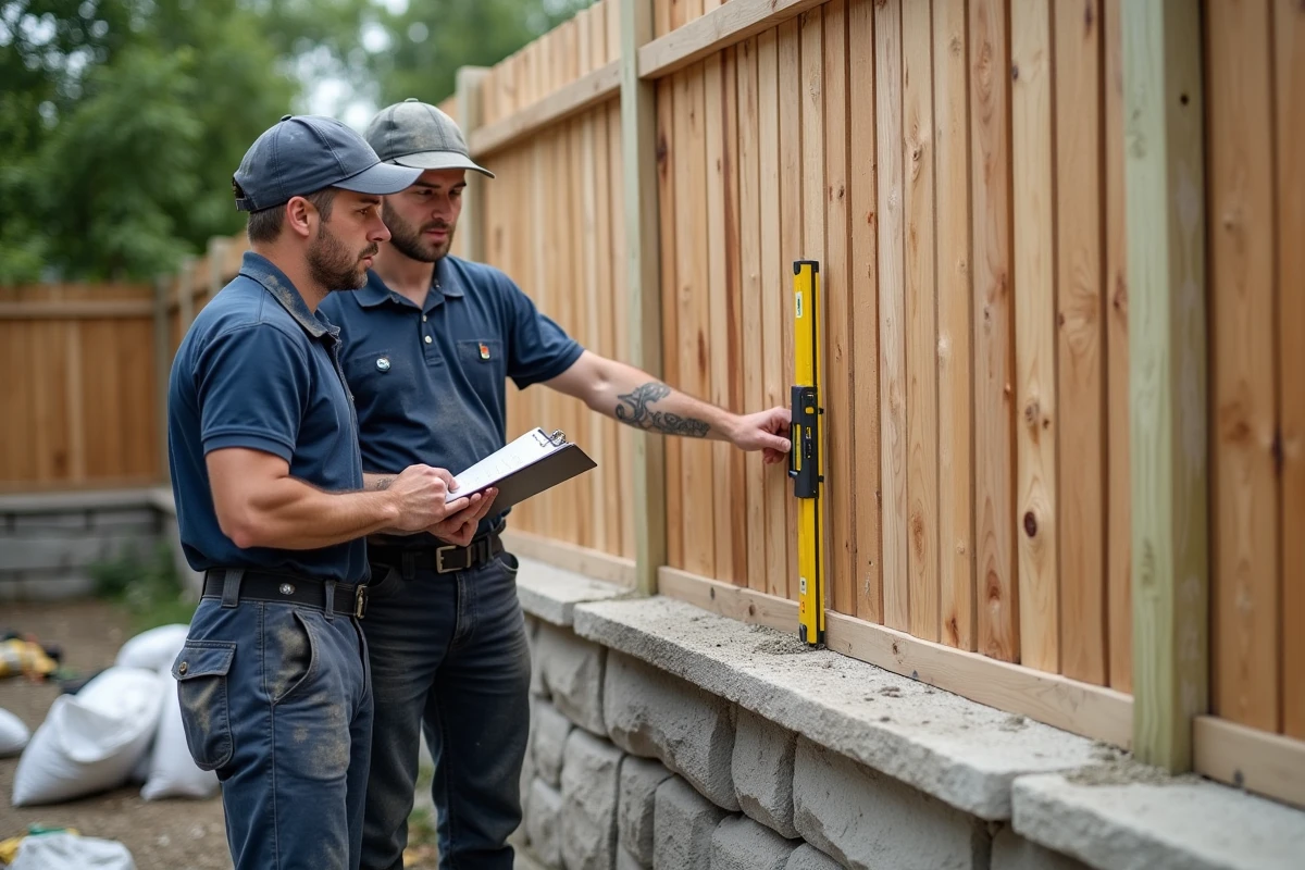 Deux artisans analysant les défauts d'une clôture bois en cours de pose sur un muret en pierre