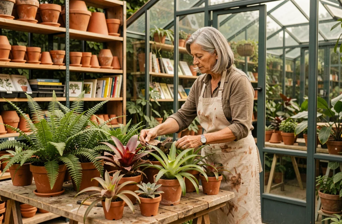 Conceptrice paysagiste de l'Atelier du Végétal arrangeant des plantes ornementales en pot devant une serre artisanale en Loire-Atlantique