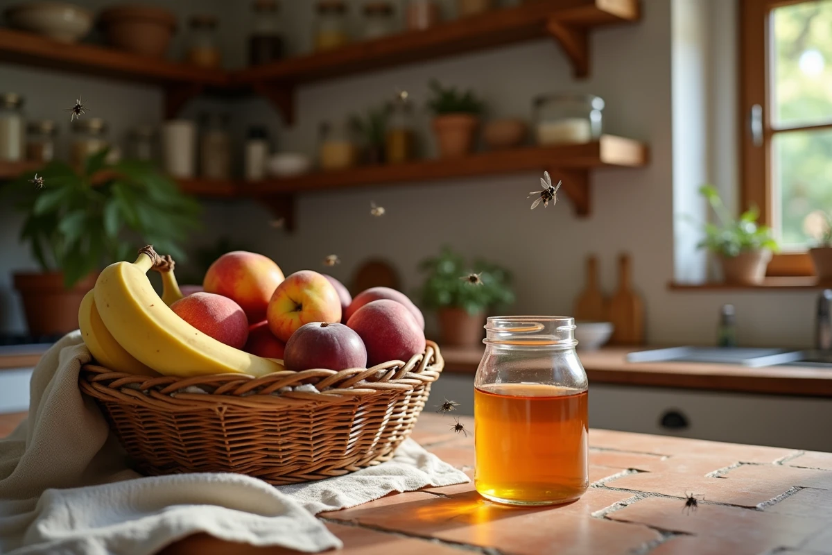 Attrape moucherons maison avec vinaigre de cidre dans un bocal en verre posé à côté d'un panier de fruits mûrs sur un plan de travail en bois rustique