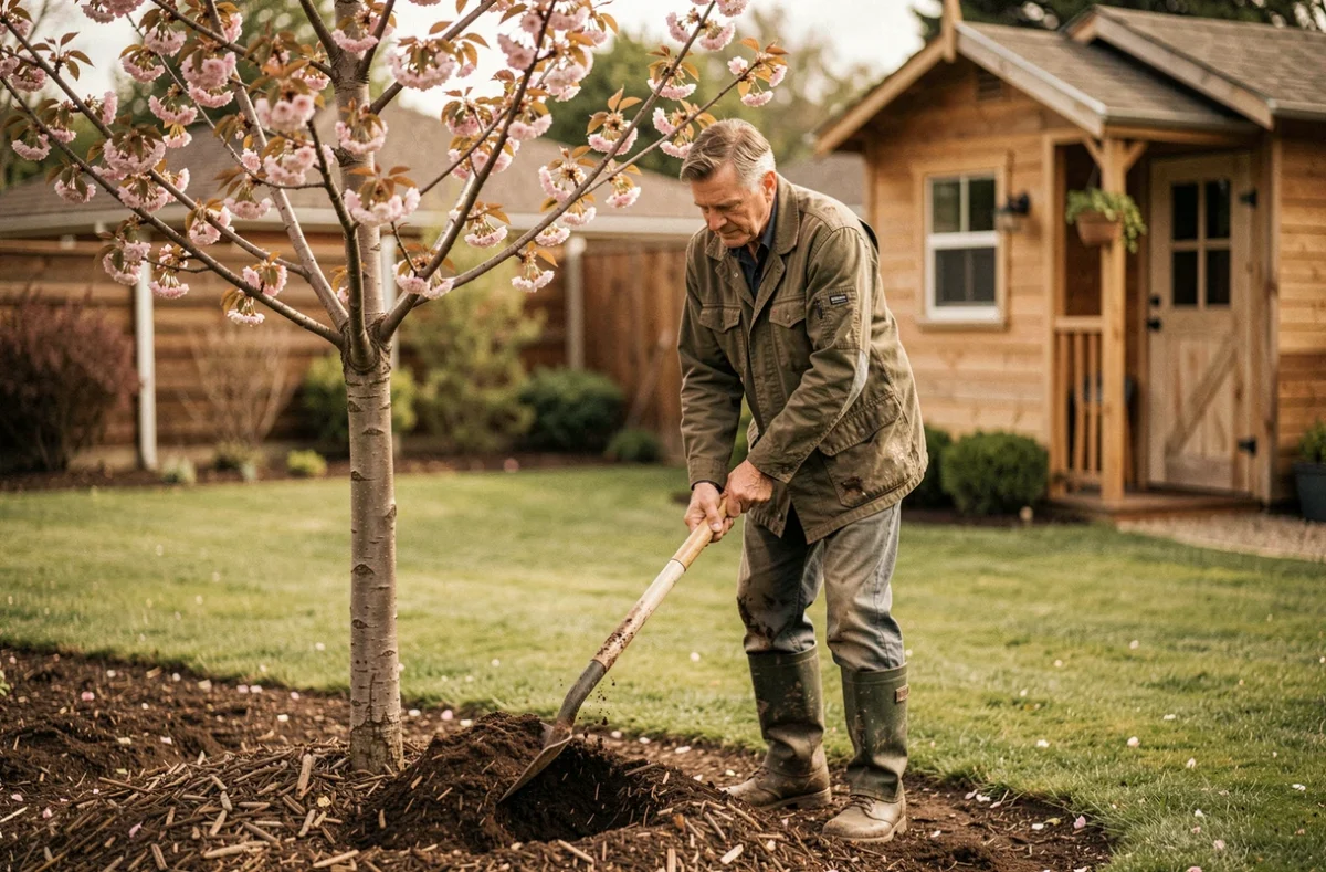 Jardinier d'AZ Paysage étalant du paillis autour d'un cerisier ornemental nouvellement planté dans un jardin résidentiel soigné en Gironde