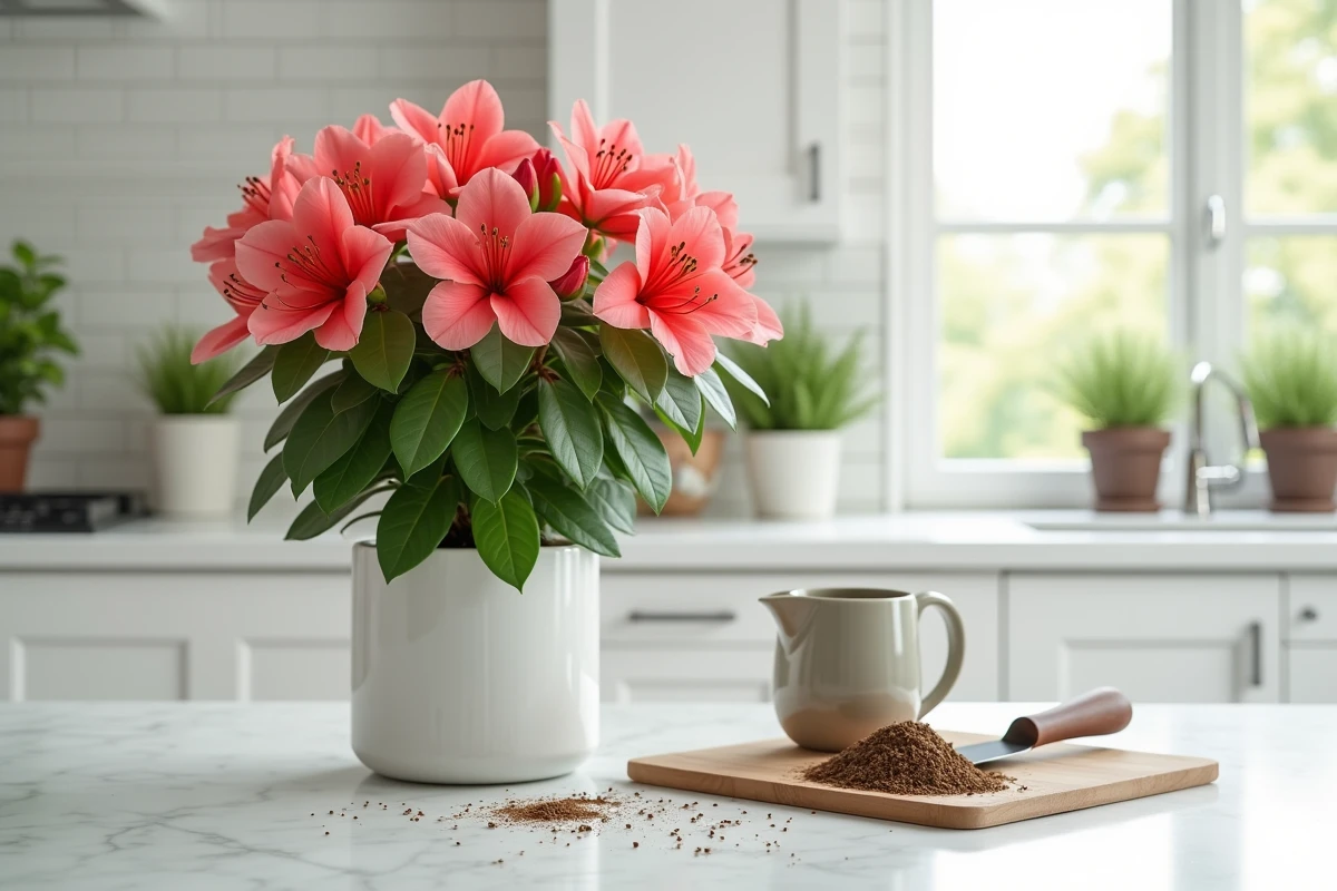 Azalée en fleurs rouge corail fraîchement rempoté sur un plan de travail en marbre blanc avec des outils de jardinage