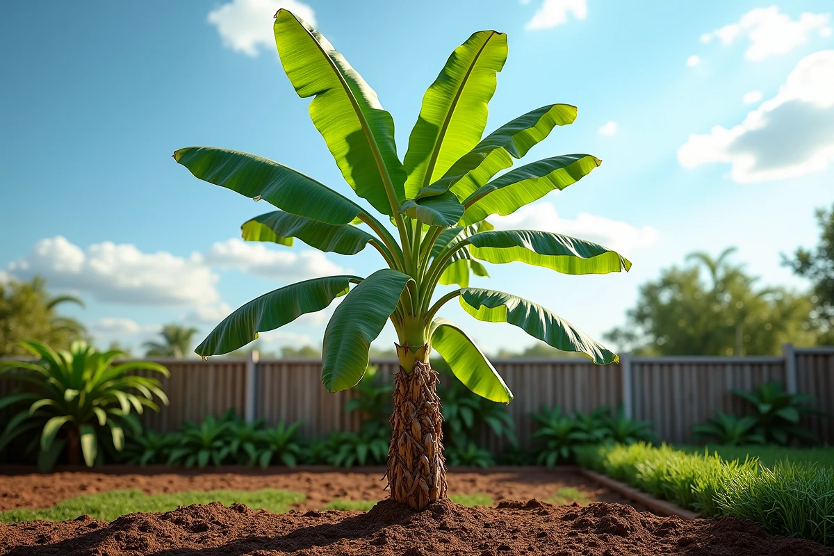 Bananier adulte à croissance rapide planté dans une terre amendée au compost dans un jardin ensoleillé