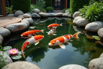 Bassin de jardin équilibré avec des carpes koï colorées nageant entre les plantes aquatiques et les pierres naturelles