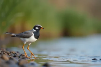 Mouette grise perchée au bord d'une rivière au printemps
