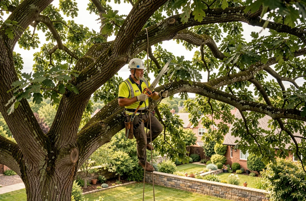 Arboriste de BND-Paysage-Elagage équipé d'un harnais et d'un casque réalisant un élagage professionnel dans la canopée d'un grand chêne