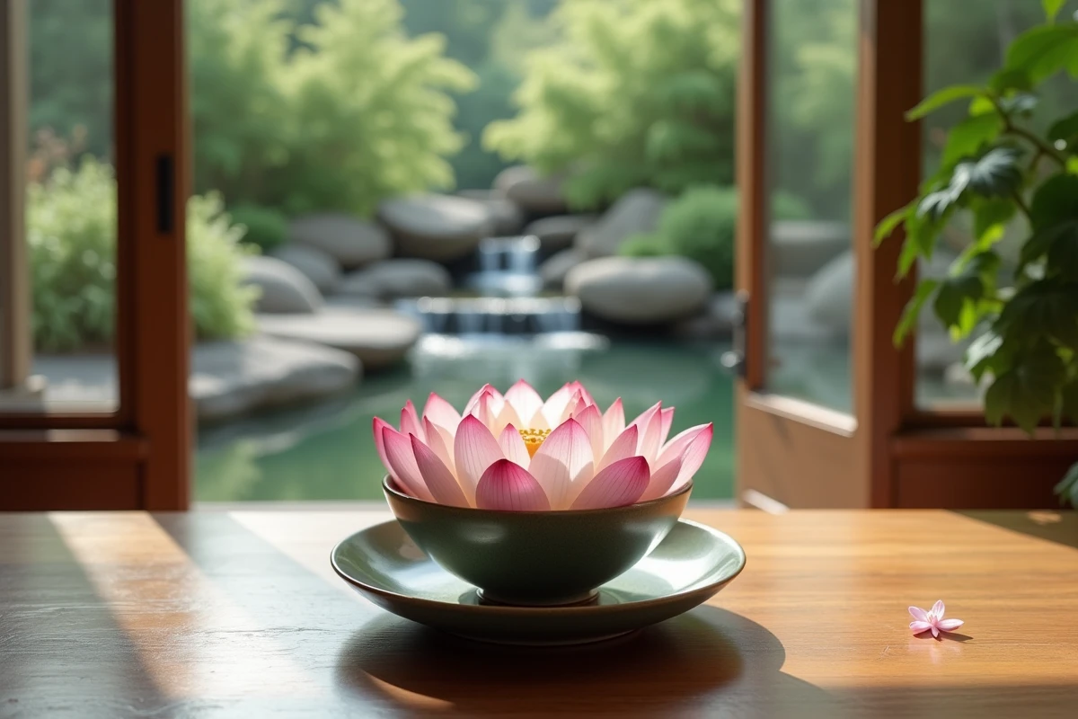 Bol en céramique avec lotus sur table en feng shui