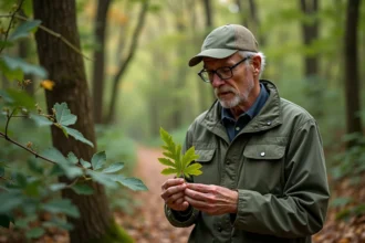 Botaniste examinant des feuilles de chêne avec des galles