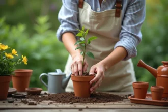 Femme réalisant le bouturage d'un chèvrefeuille dans un pot en terre cuite sur une table de jardinage rustique