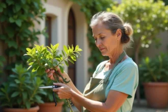Femme effectuant une bouture de laurier rose dans un jardin méditerranéen avec des cisailles de taille