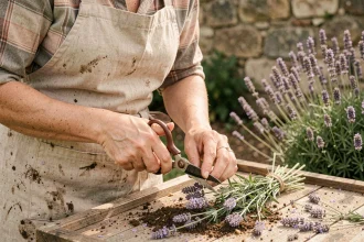 Femme effectuant une bouture de lavande avec des ciseaux sur une table de jardin en bois