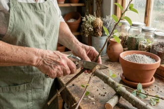 Mains de jardinière effectuant une bouture de Lilas du Japon avec un sécateur sur un établi en bois