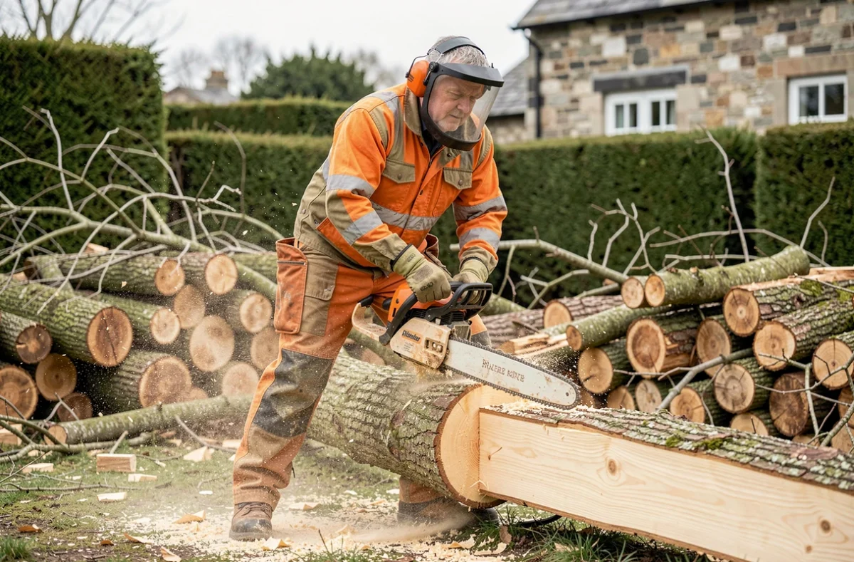 Bûcheron en équipement de protection découpant le tronc d'un arbre abattu dans un jardin avec une tronçonneuse