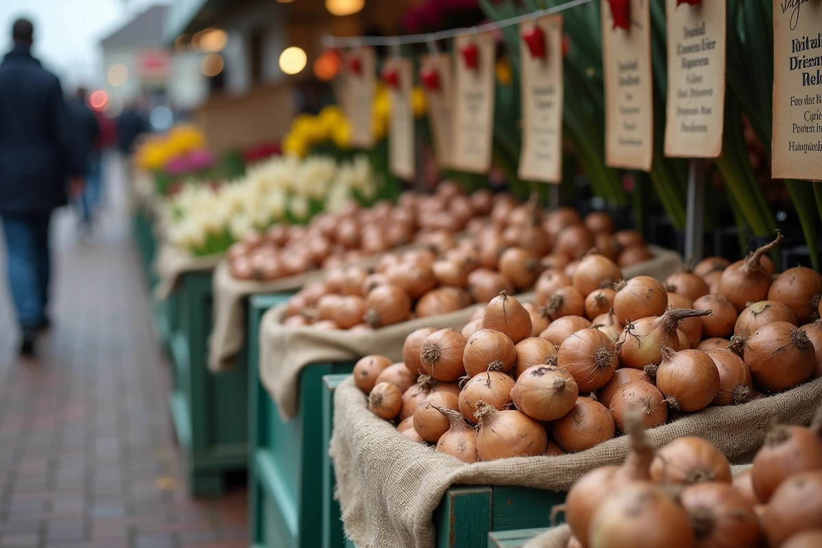 Bulbes de jacinthes orientalis dans des caisses en bois sur un marché aux fleurs néerlandais en automne