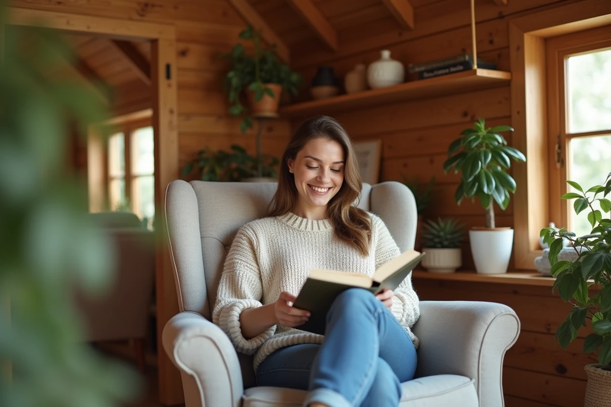 Femme lisant dans une cabane en bois rénovée chaleureuse