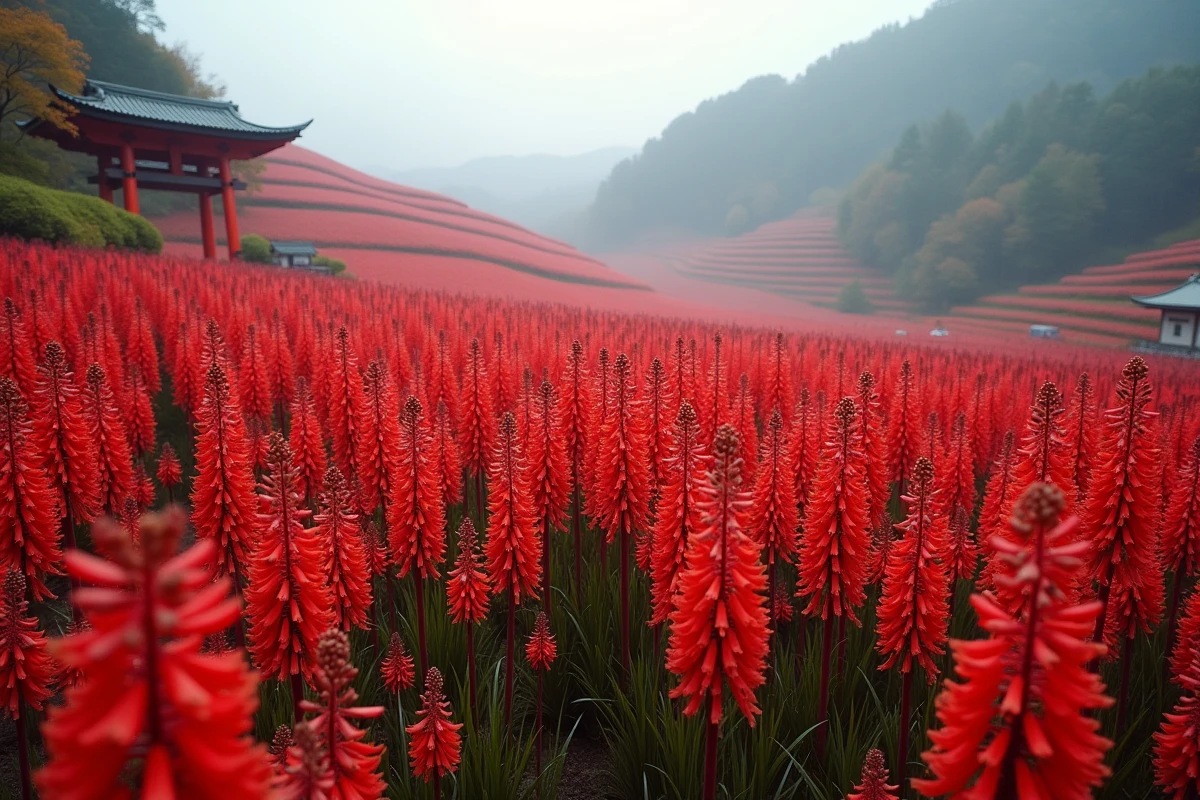 Vaste champ de lycoris radiata en fleurs sur une colline en terrasses au Japon avec un torii en bois visible dans la brume matinale automnale