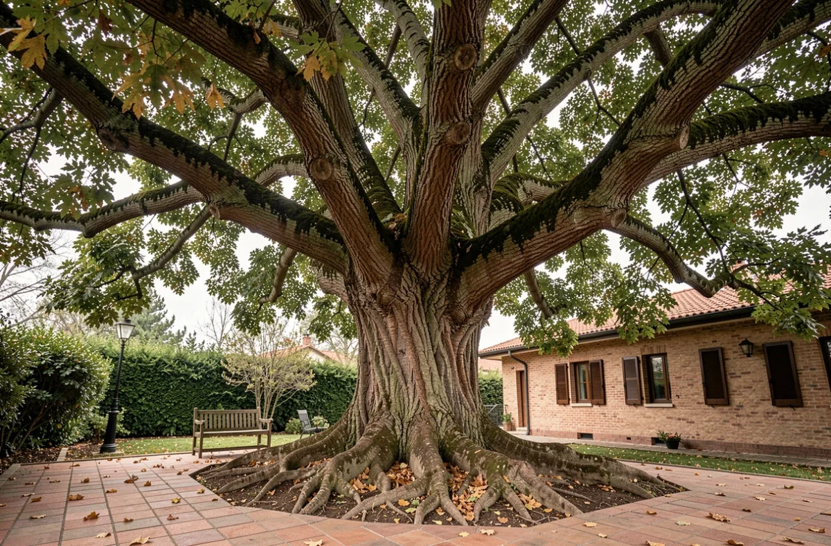 Grand châtaignier centenaire dans un jardin résidentiel avec ses racines apparentes et son imposante canopée