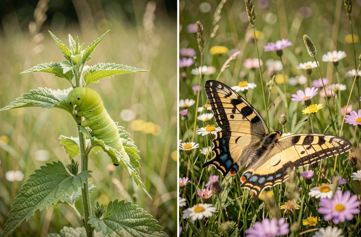Comparaison entre une chenille verte fluo sur ortie et le papillon adulte aux ailes ouvertes dans une prairie fleurie