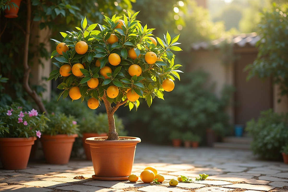Citronnier mature en pot sur un patio ensoleille avec citrons