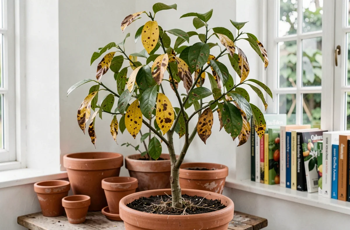 Citronnier en pot souffrant d'une maladie généralisée avec des feuilles tachées de marron et un feuillage clairsemé dans une véranda