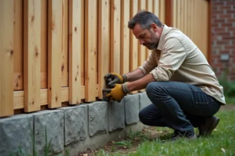 Homme examinant une clôture bois mal posée sur un muret en béton dans un jardin résidentiel