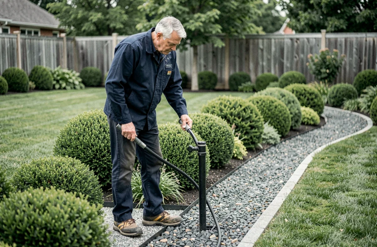 Professionnel de C.NET Pasquier Thierry inspectant un système d'irrigation dans un jardin soigné avec pelouse et arbustes taillés