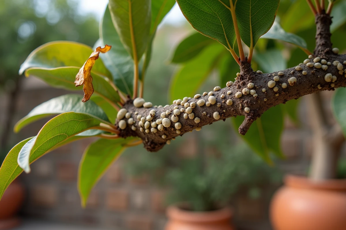 Branche de citronnier fortement infestée par des cochenilles farineuses avec résidu de miellat sur les feuilles