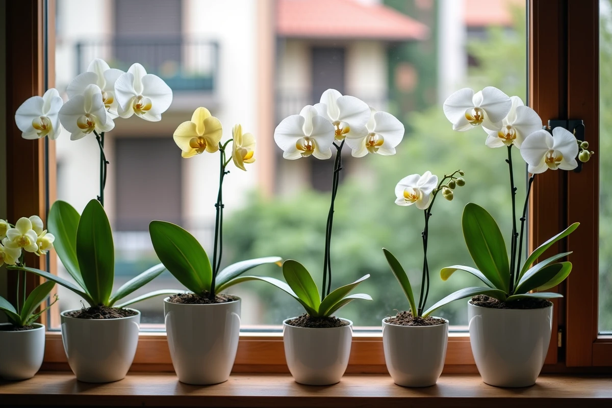 Collection d'orchidées sur un rebord de fenêtre dont une taillée après floraison avec de belles feuilles vertes