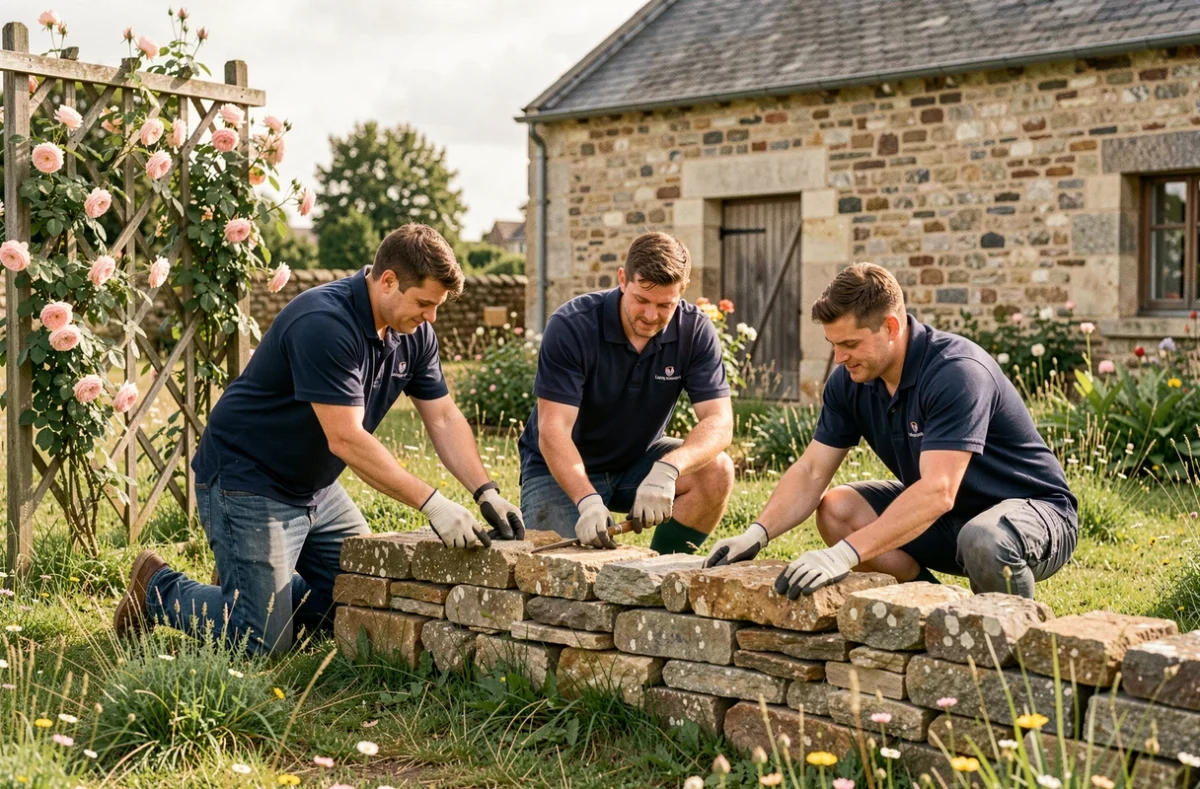 Équipe des Compagnons des Jardins construisant un mur en pierres sèches entouré de roses grimpantes et prairie fleurie dans un jardin rural de Loire-Atlantique