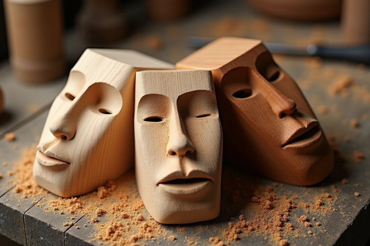 Comparaison de trois essences de bois sculptées en visage réaliste : tilleul, noyer blanc et cerisier sur établi d'artisan